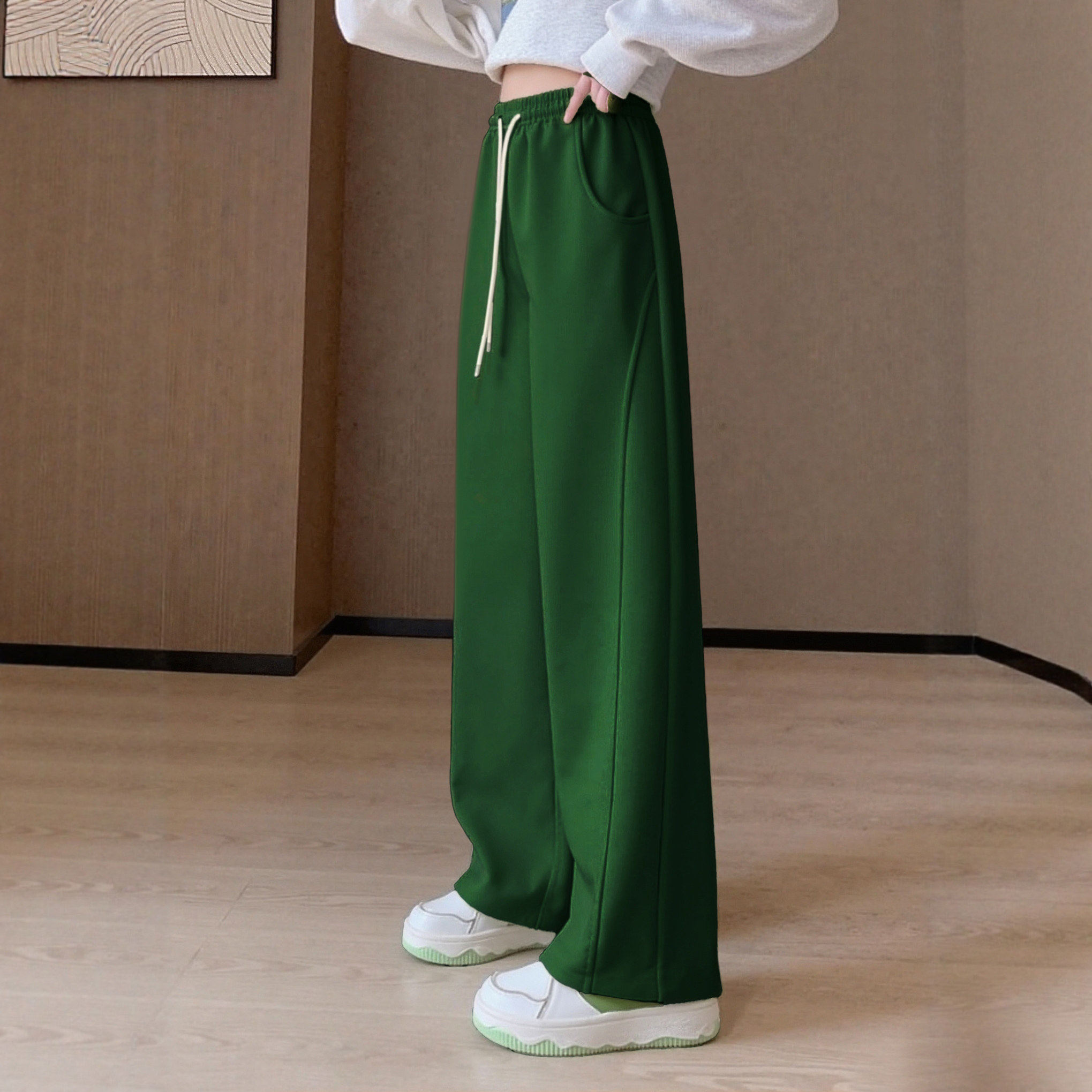 PLER深绿色阔腿香蕉裤女款休闲裤秋冬加绒高腰遮胯显瘦弯刀卫裤,女装/女士精品,卫裤,淘宝优惠券,粉丝福利购,淘宝优惠卷