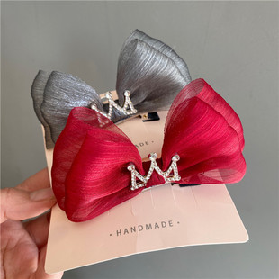 女孩纯色珠光纱立体蝴蝶结发夹女宝皇冠发饰儿童顶夹酒红发卡头花