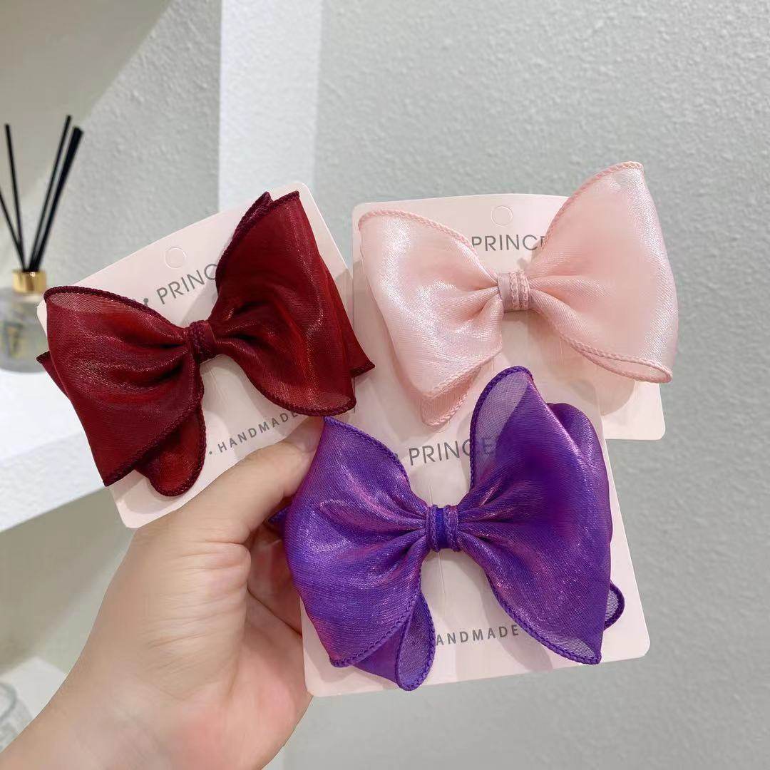 女孩纱纱发饰小公主蝴蝶结头饰发夹边夹纯色纯色光感纱裙配饰顶夹