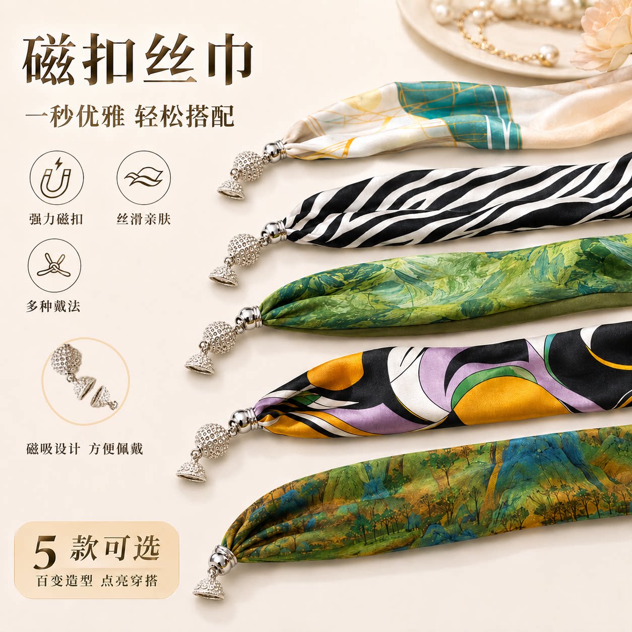 女夏季磁吸扣珍珠锁骨链懒人小丝巾百搭高级感领巾搭配衬衫T恤