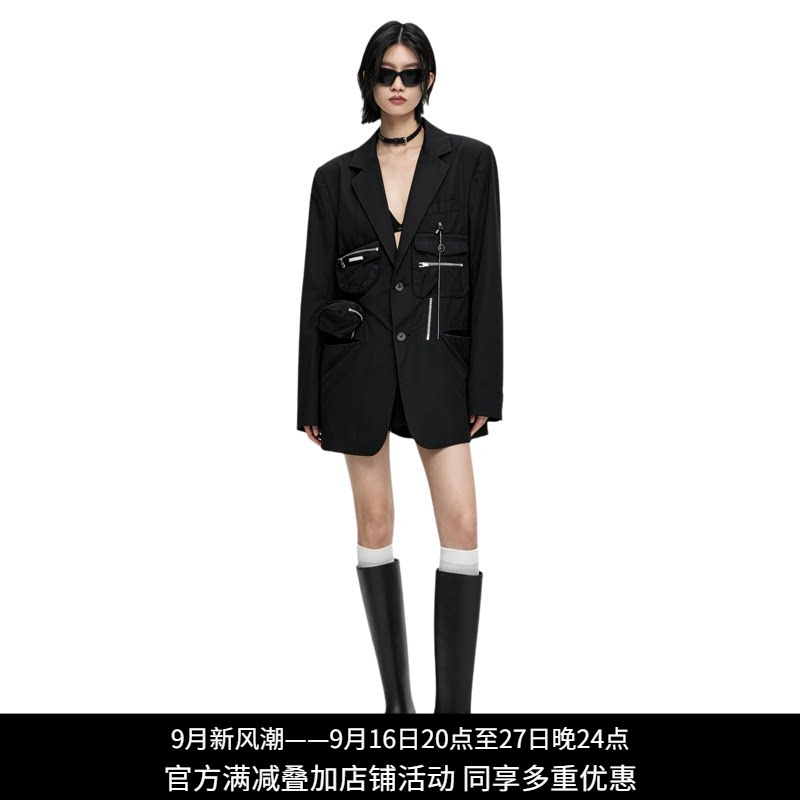 纳帕佳女黑色多口袋工装拉链西装