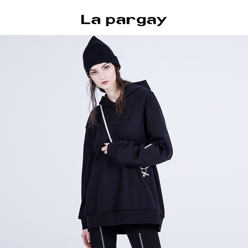 La pargay纳帕佳简约休闲风黑色连帽卫衣女宽松套头长款百搭上衣