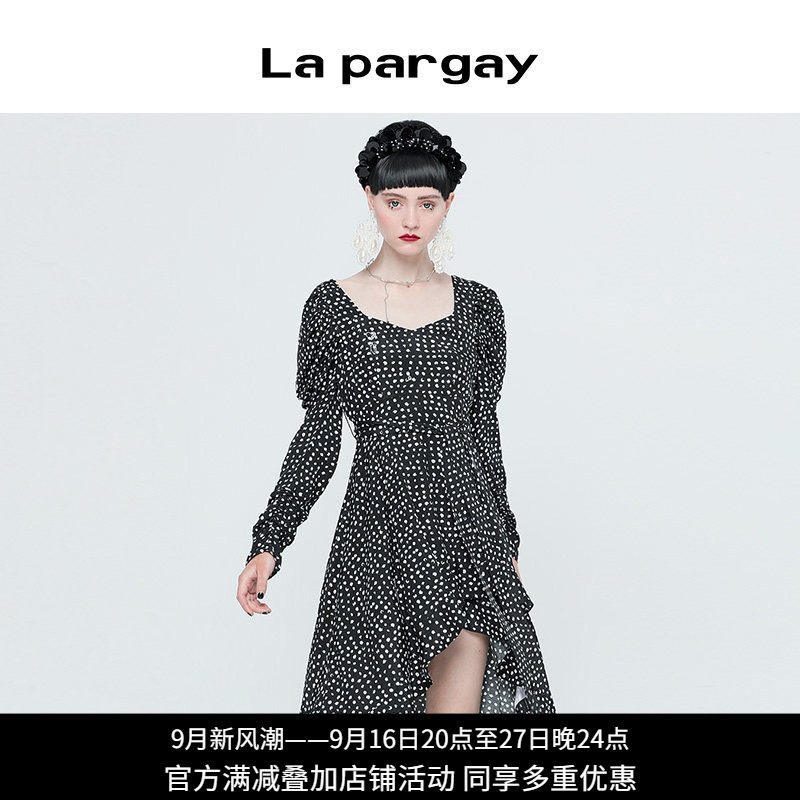 纳帕佳法式波点收腰开叉连衣裙