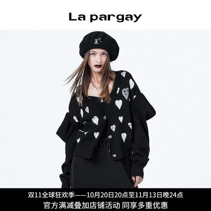 纳帕佳复古爱心黑色女针织开衫