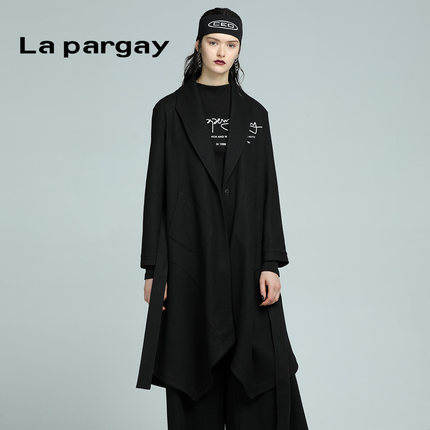 Lapargay纳帕佳2023新款女装冬季黑色中长款毛呢大衣休闲针织外套