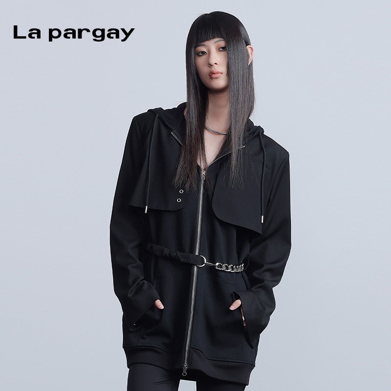 La pargay纳帕佳黑色连帽中长款风衣女收腰拉链外套设计感休闲
