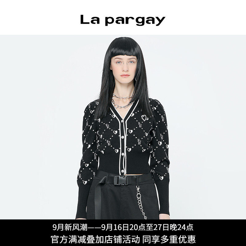 纳帕佳黑色爱心提花针织开衫女