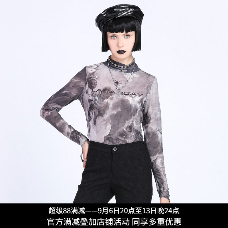 纳帕佳扎染高领网纱长袖T恤女