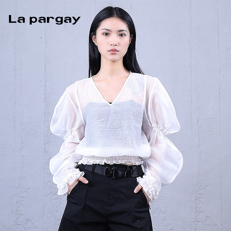 纳帕佳长袖短款V领套头衫女2024夏季新款黑白色个性简洁通透上衣