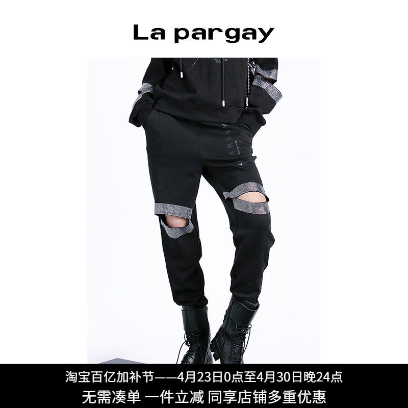 纳帕佳破洞针织印花休闲裤2024春季新款女式黑色个性时尚长款裤子