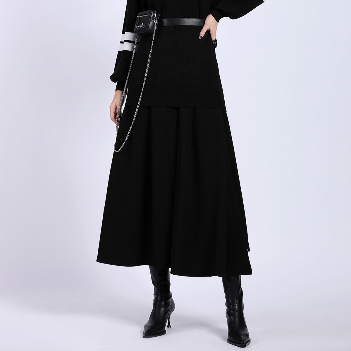 La pargay纳帕佳通勤风黑色A字半身裙女高腰显瘦垂感中长款伞裙