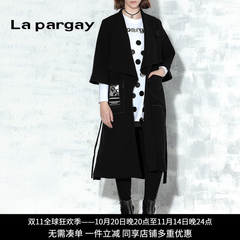 Lapargay纳帕佳秋季新款欧美时尚撞色口袋压线大衣五分袖女外套