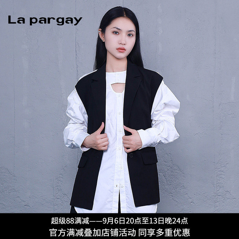 纳帕佳黑色马甲白衬衫两件套女