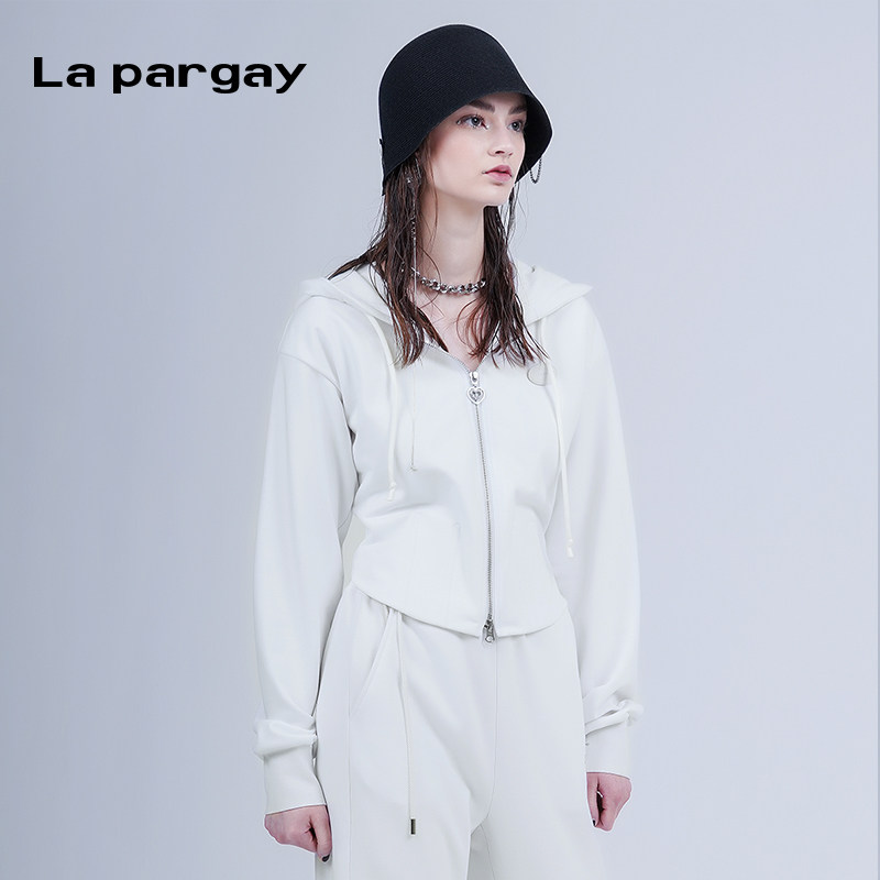 纳帕佳长袖收腰连帽短外套2024春夏新款女式黑白色个性设计感上衣