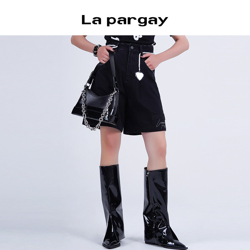La pargay纳帕佳极简黑色牛仔短裤女高腰显瘦直筒五分裤休闲裤