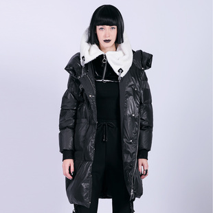 la pargay纳帕佳暗黑风连帽羽绒服女中长款黑色加厚保暖外套潮牌