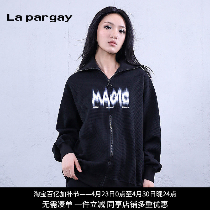 La pargay纳帕佳街头休闲字母印花立领开衫女宽松拉链外套设计感