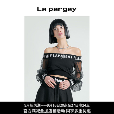 Lapargay纳帕佳2024夏季新款女装黑色上衣百搭休闲长袖短款套头衫