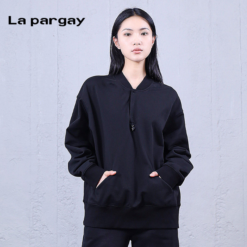 La Pargay纳帕佳黑色立领卫衣女宽松休闲中性风背后烫钻印花上衣