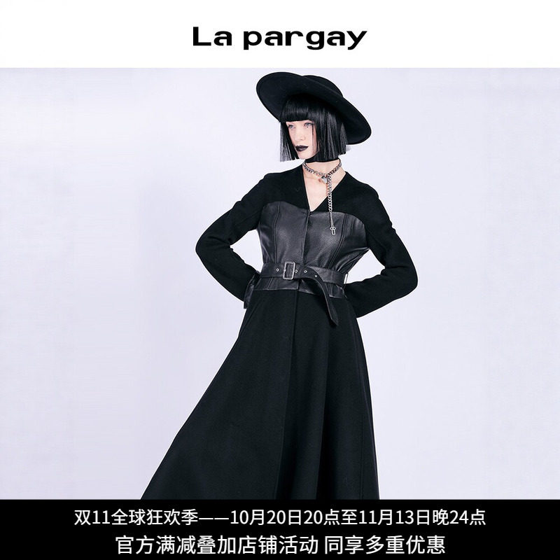 纳帕佳暗黑风羊皮拼接收腰大衣
