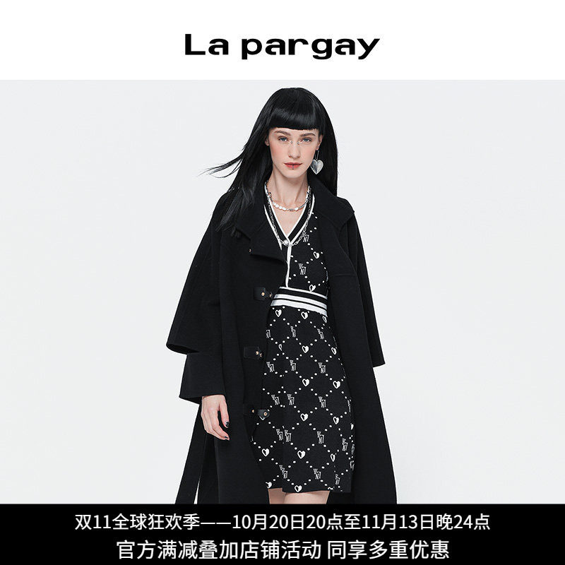 Lapargay黑色长款翻领毛呢外套