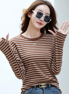 384 条纹内搭打底衫春秋冬季韩式宽松露指黑色网红长袖t恤女上衣