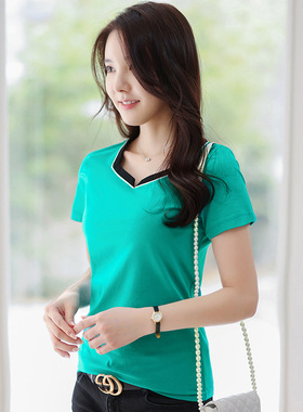 2025拼接款韩版修身方领ins百搭时尚短袖T恤女小v口上衣7319