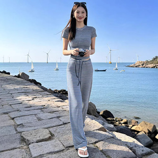 南油超火夏装 阔腿裤 休闲运动两件套装 女 一整套小个子减龄条纹短袖