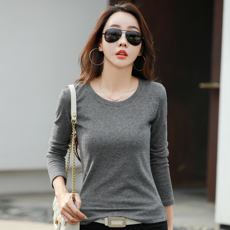 335秋冬圆领长袖打底衫纯色双面绒t恤女修身保暖百搭T加绒时尚