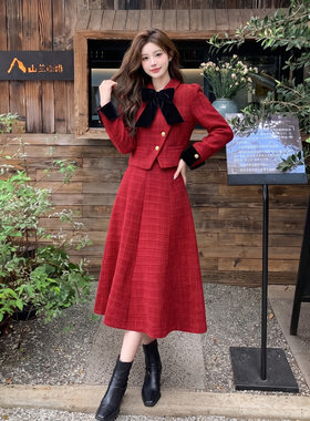 2026秋冬装小香风套裙修身订婚穿搭红色名媛独特漂亮两件套YF9822
