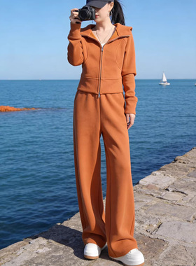 新款橙色连帽休闲运动套装女春秋冬显瘦穿搭高级感简单大方两件套