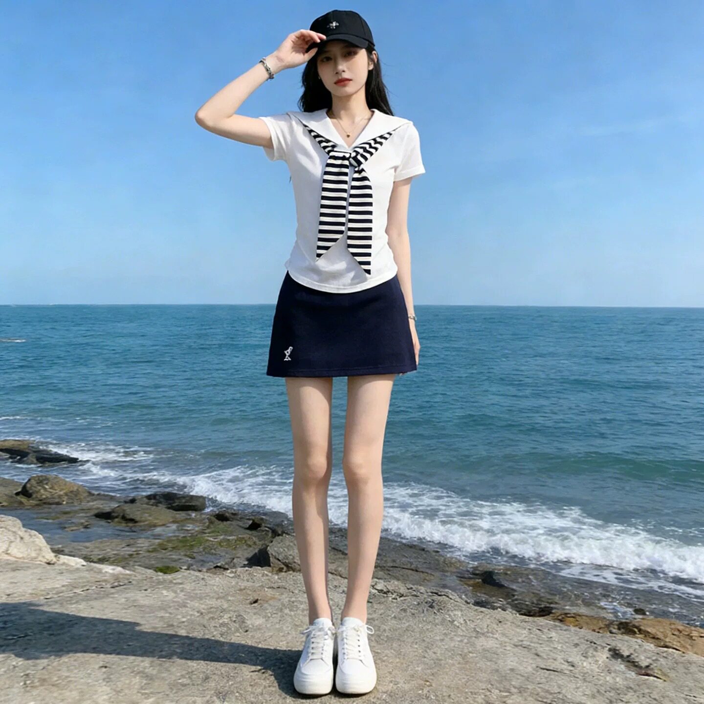 欧货时尚运动套装裙女夏新款翻领蝴蝶结海军领短袖包臀裤裙两件套