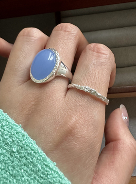 s925纯银鸽子蛋琉璃戒指韩国简约Ins轻奢蓝色宝石指环叠戴银饰