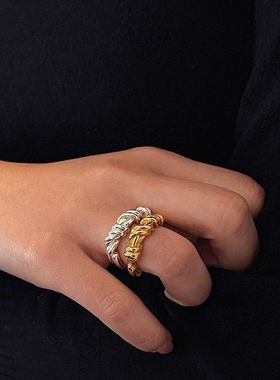 RAW极简风扭结复古麻花时髦戒指小众轻奢镀金开口叠戴食指戒指环