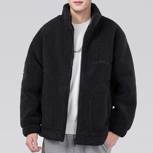 加绒加厚毛呢大衣男宽松工装立领摇粒绒棉服冬季加宽大码保暖外套
