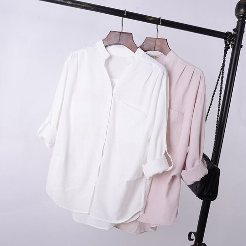 棉麻秋季新款韩版宽松白色衬衫