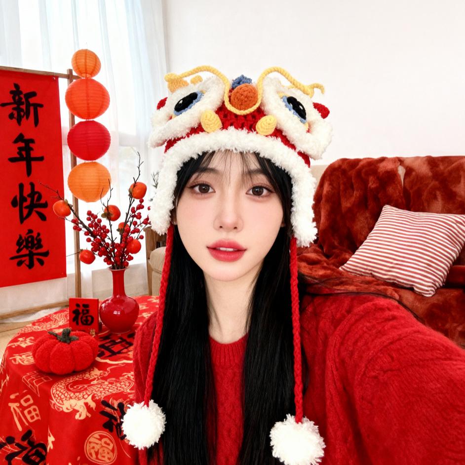 中国红纯手工虎头保暖帽