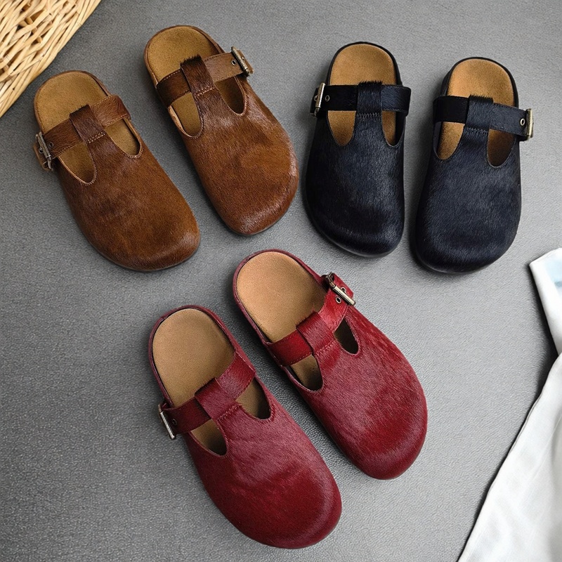 好货！东莞高品质厚底包头博肯鞋女外穿马毛扣带一脚蹬懒人半拖鞋