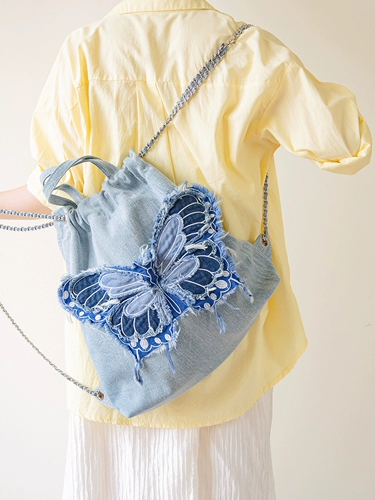 Оригинальная дизайнерская джинсовая цепь с бантиком, джинсовый рюкзак, с вышивкой