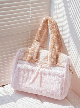 HIATUS可爱ins风毛绒鹿纹蕾丝花边少女单肩包可爱毛毛百搭斜挎包