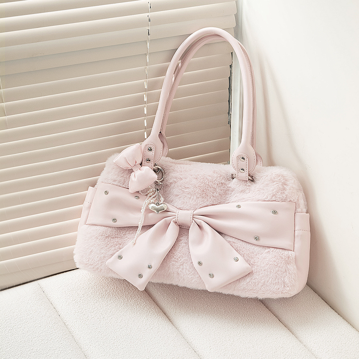 HIATUS复古秋冬毛绒蝴蝶结甜美闪钻粉色单肩斜挎包可爱百搭托特包