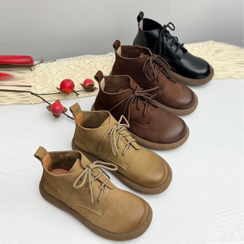 复古真皮马丁靴女新款秋冬系带短靴舒适百搭中老年平底舒适工装靴