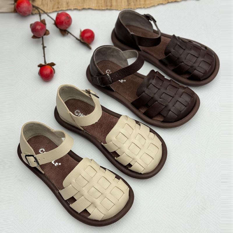 手工真皮复古妈妈凉鞋2025新款夏季女鞋包头凉鞋中老年罗马凉鞋