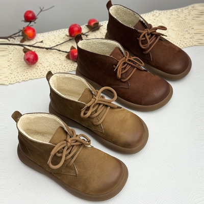 真皮加绒短靴女冬季新款系带软底