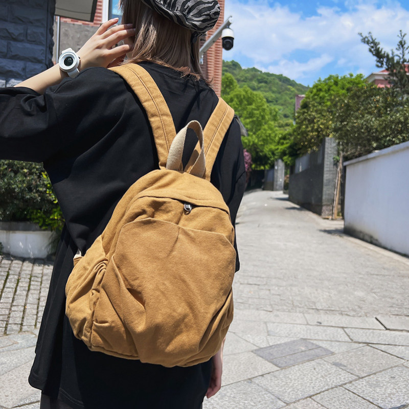 双肩包女洋气时尚休闲复古帆布旅行纯色百搭背包简约韩版书包学生