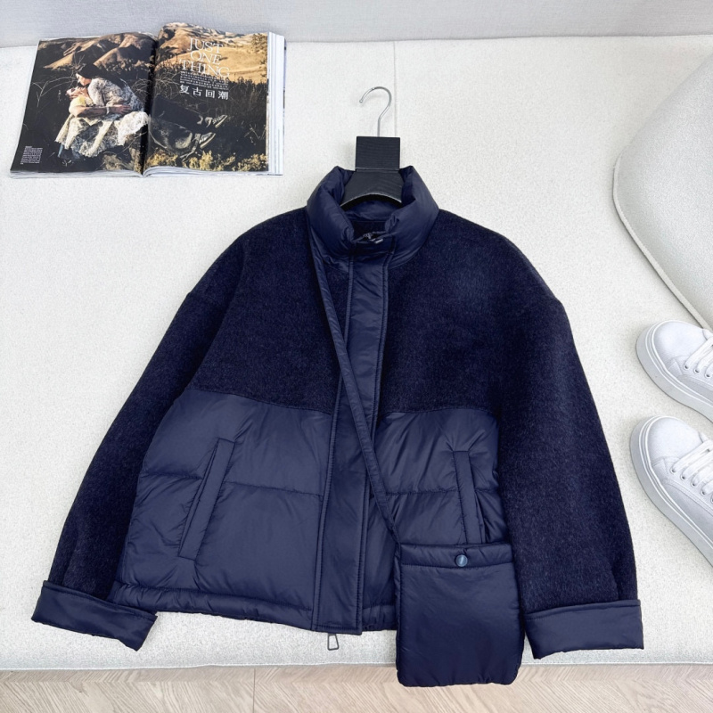 深蓝色双面羊绒拼接短款羽绒服外套