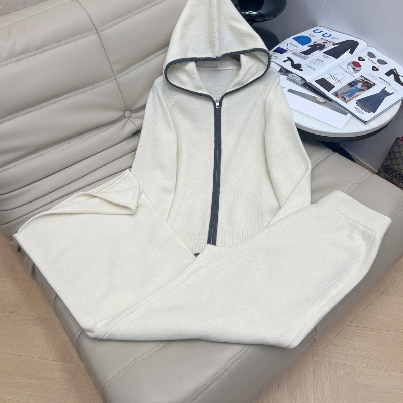 休闲连帽拉链羊毛上衣+高腰长裤套装