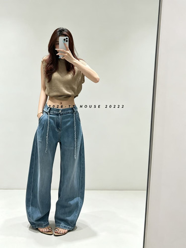 复古水洗做旧牛仔裤女2026新款高腰显瘦直筒阔腿