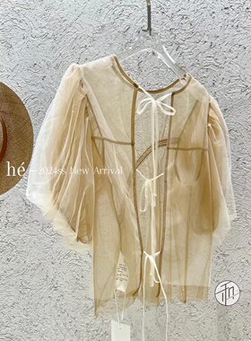 夏日寒烟仙女上衣超仙甜美绑带蝴蝶结衬衫女士上衣透气轻盈薄罩衫