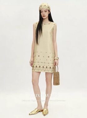 巴洛克高级感重工钉珠圆领连衣裙轻奢气质超好看绝美无袖背心短裙